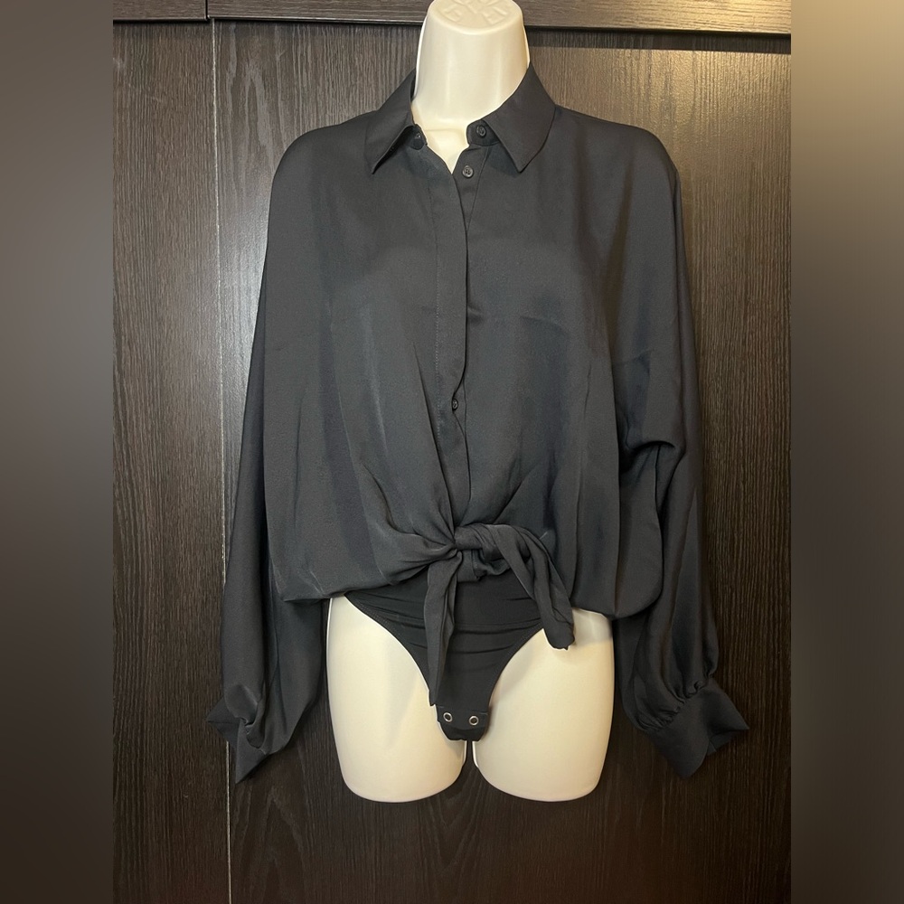 Express Black Bodysuit Button Down Puff Sleeve Size XS